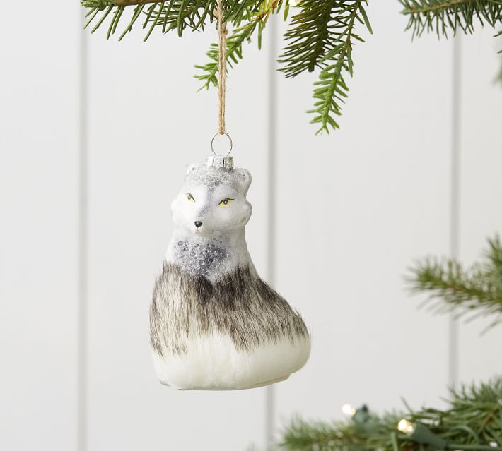 POTTERY BARN Mercury Glass Gray WOODLAND FOX Christmas Ornament FAUX FUR