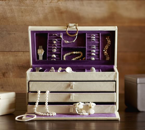 Pebble Leather Large Ivory Jewelry Box Pottery Barn