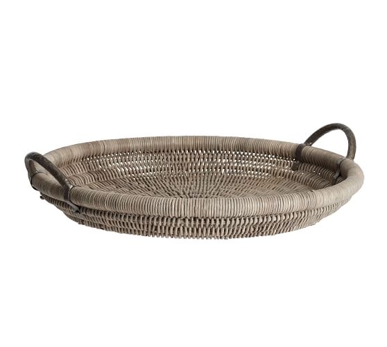Round Woven Decorative Tray With Handles Pottery Barn - Round Basket Trays For Coffee Tables