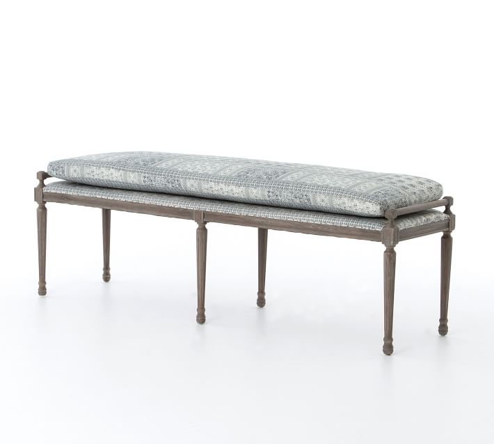 Lucille Dining Bench (Four Hands) - a beautiful upholstered bench with indigo batik fabric - Pottery Barn. #diningbench