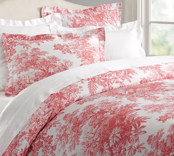Matine Toile Duvet Cover Full Queen, Pink Toile Bedding Queen