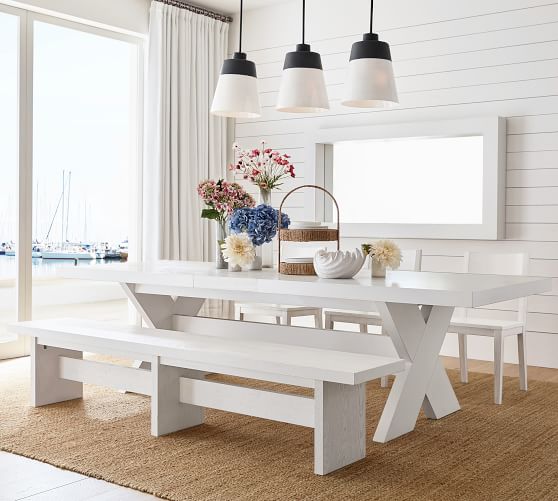 White Dining Room Set With Bench, White Extendable Dining Table Set With Bench