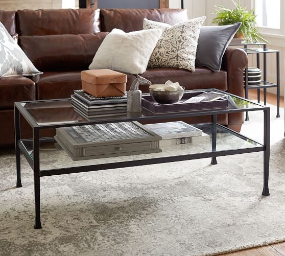 Tanner 48 Rectangular Coffee Table, Iron Wood And Glass Coffee Table