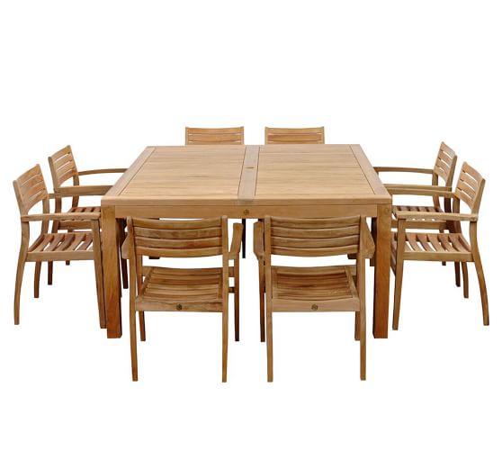 Saldano 9 Piece Teak Square Dining Table With Monza Stackable Armchair Set Pottery Barn Saldano 9 Piece Teak Square Dining, 9 Piece Teak Outdoor Dining Set