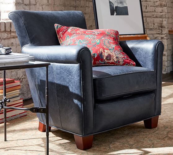 Irving Roll Arm Leather Armchair, Blue Leather Arm Chair