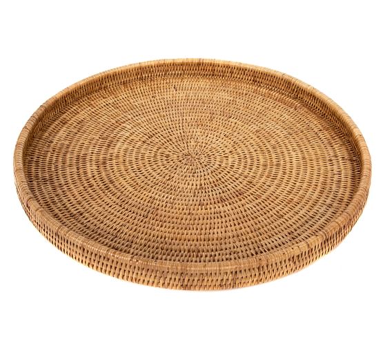 Tava Handwoven Rattan Round Serving, Round Wicker Coffee Table Tray