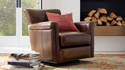 Irving Roll Arm Leather Swivel Glider, Small Leather Club Chair With Ottoman