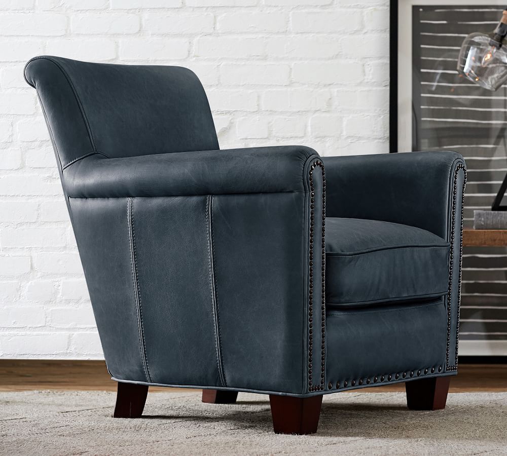 Irving Roll Arm Leather Armchair With Nailheads Pottery Barn Irving Roll Arm Leather Armchair With Nailheads Pottery Barn