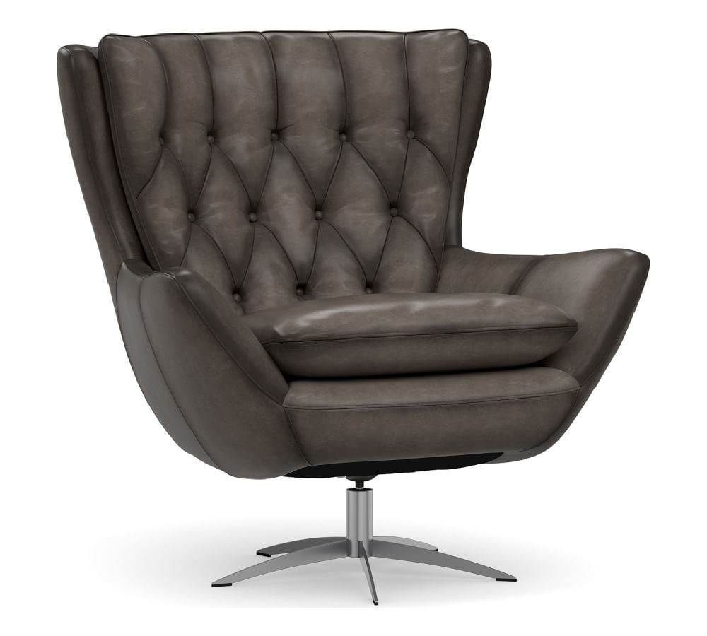 Wells Leather Swivel Armchair With Brushed Nickel Base