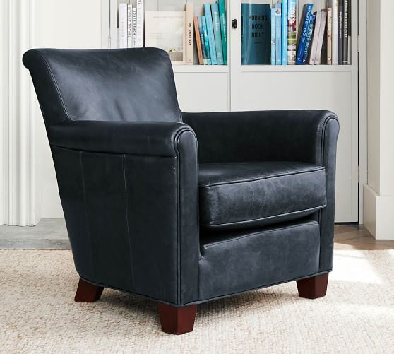 Irving Roll Arm Leather Armchair, Blue Leather Accent Chair With Ottoman
