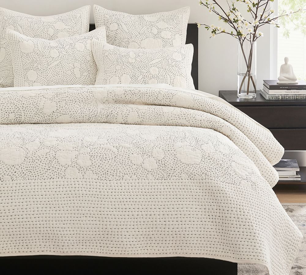 Contrast Floral Stitch Handcrafted Cotton Quilt Shams Pottery Barn
