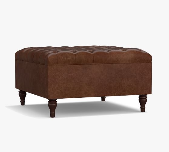 Lorraine Tufted Leather Square Storage, Square Brown Leather Ottoman With Storage