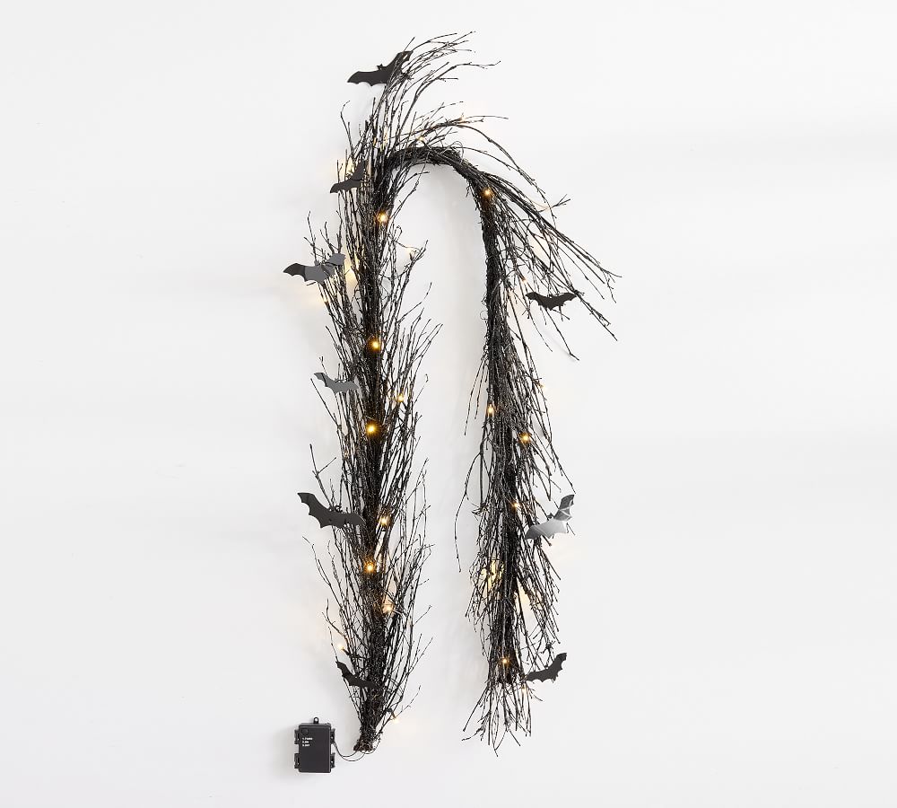 PreLit Black Glitter Branch Wreath and Garland with Bats Pottery Barn