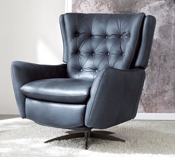 Wells Tufted Leather Swivel Recliner, Grey Leather Swivel Chair