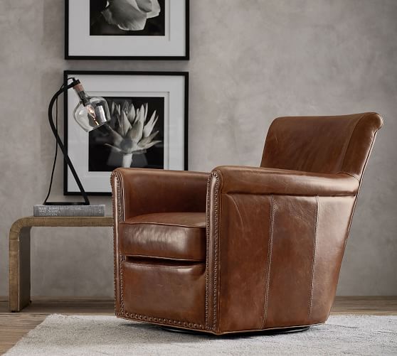 Irving Roll Arm Leather Swivel Armchair, Brown Leather Swivel Chair