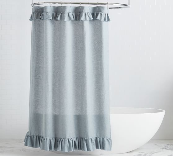 Belgian Flax Linen Ruffle Shower, White Ruched Shower Curtain
