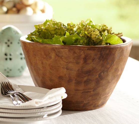 Vintage Acacia Wood Carved Serving Bowl, Wooden Salad Bowl Sets Pottery Barn