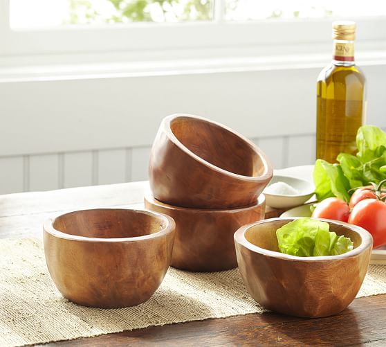 Vintage Wood Carved Bowl Set Of 4, Wooden Salad Bowl Sets Pottery Barn