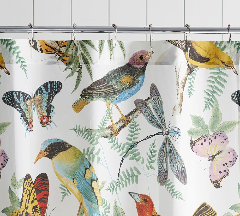 Fauna Bird Cotton Shower Curtain, Feather Print Shower Curtain