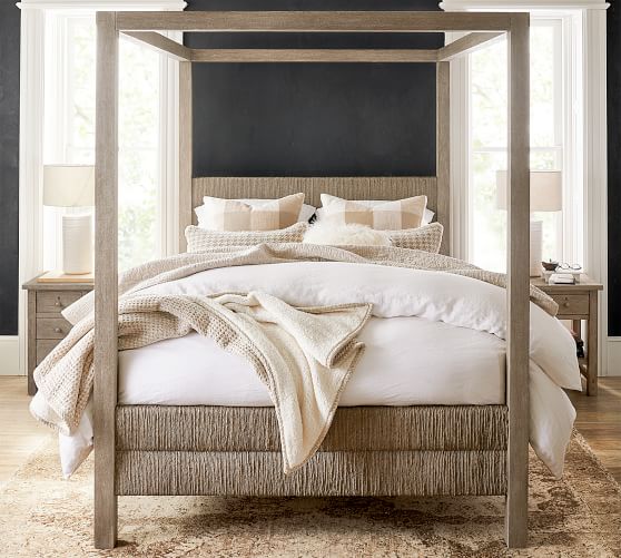 Farmhouse Woven Canopy Bed Wooden, Pottery Barn Bed Frames Wood