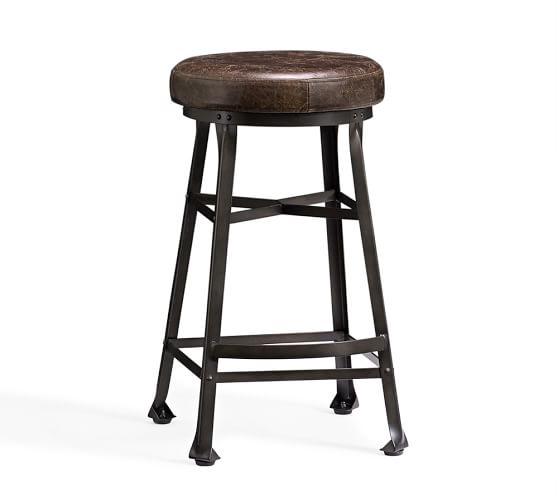 Decker Leather Seat Bar Stool Pottery, Wood Bar Stools With Leather Seats