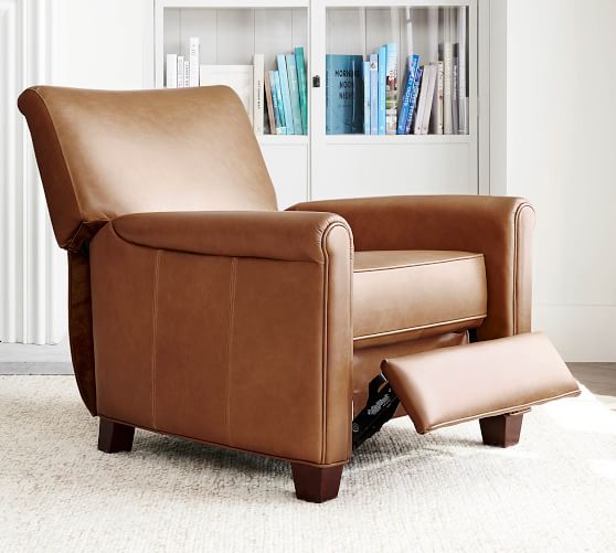 Irving Roll Arm Leather Recliner, Leather Easy Chairs Brown