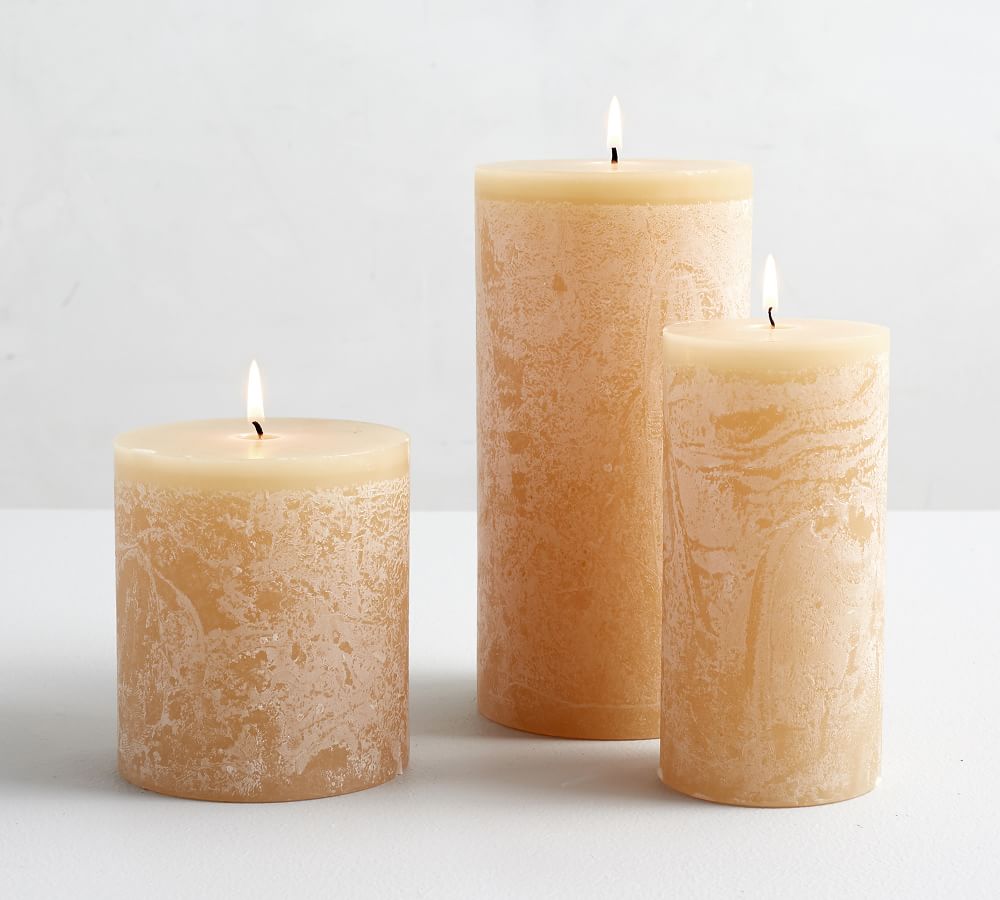 Different Sizes Scents and Colors Textured Scented Pillar Candles Made in USA