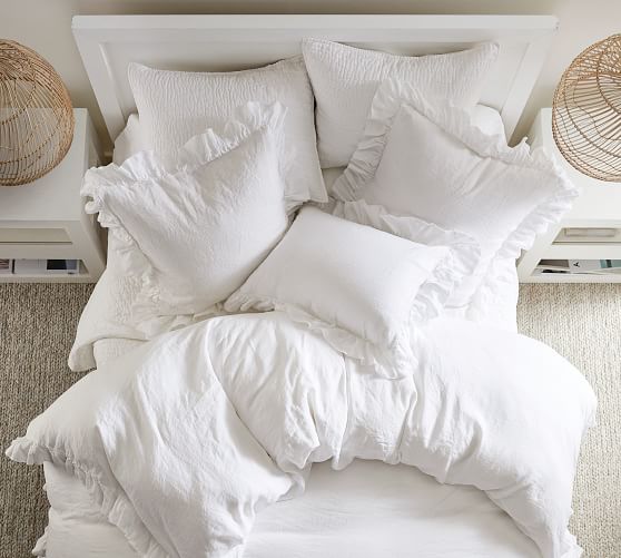 Twin/Twin XL, White Soft Luxurious 1-Piece Frilled Corner Ruffle Quilt Duvet Cover with Corner Ties 100% Cotton 400 Thread Count Comforter Cover HR Luxury Linen Cotton Duvets