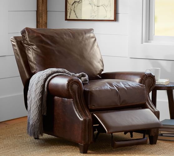 James Roll Arm Leather Recliner With, Nailhead Leather Sofa Recliner