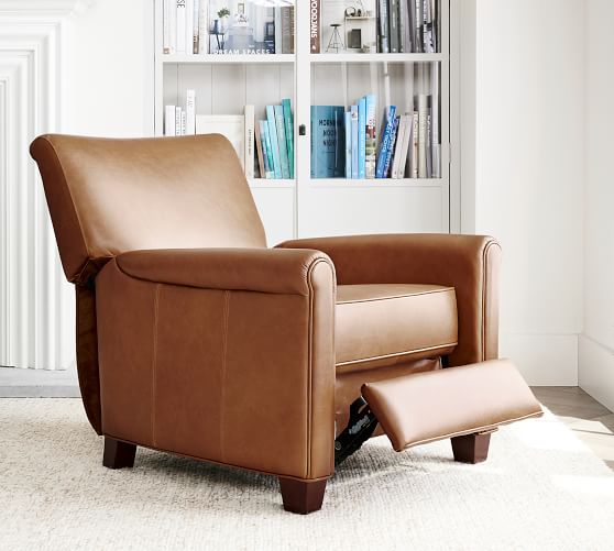 Irving Roll Arm Leather Recliner, Brown Leather Swivel Chair Pottery Barn