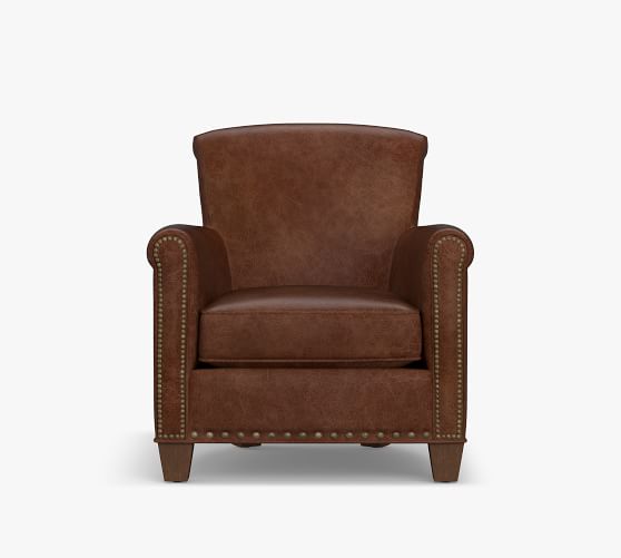 Irving Roll Arm Leather Armchair With, Irving Leather Chair With Nailheads