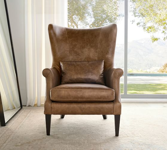 Champlain Wingback Leather Chair, Real Leather Chairs For Living Room