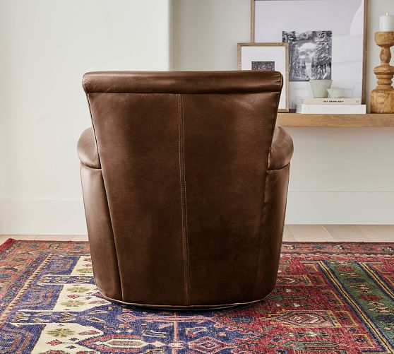 Irving Roll Arm Leather Swivel Armchair, Irving Leather Chair With Nailheads