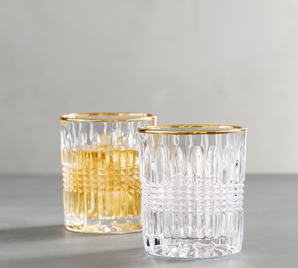 Pottery Barn Serena Double Old-Fashioned Glasses GOLD Rim SET OF 2 BRAND NEW!!