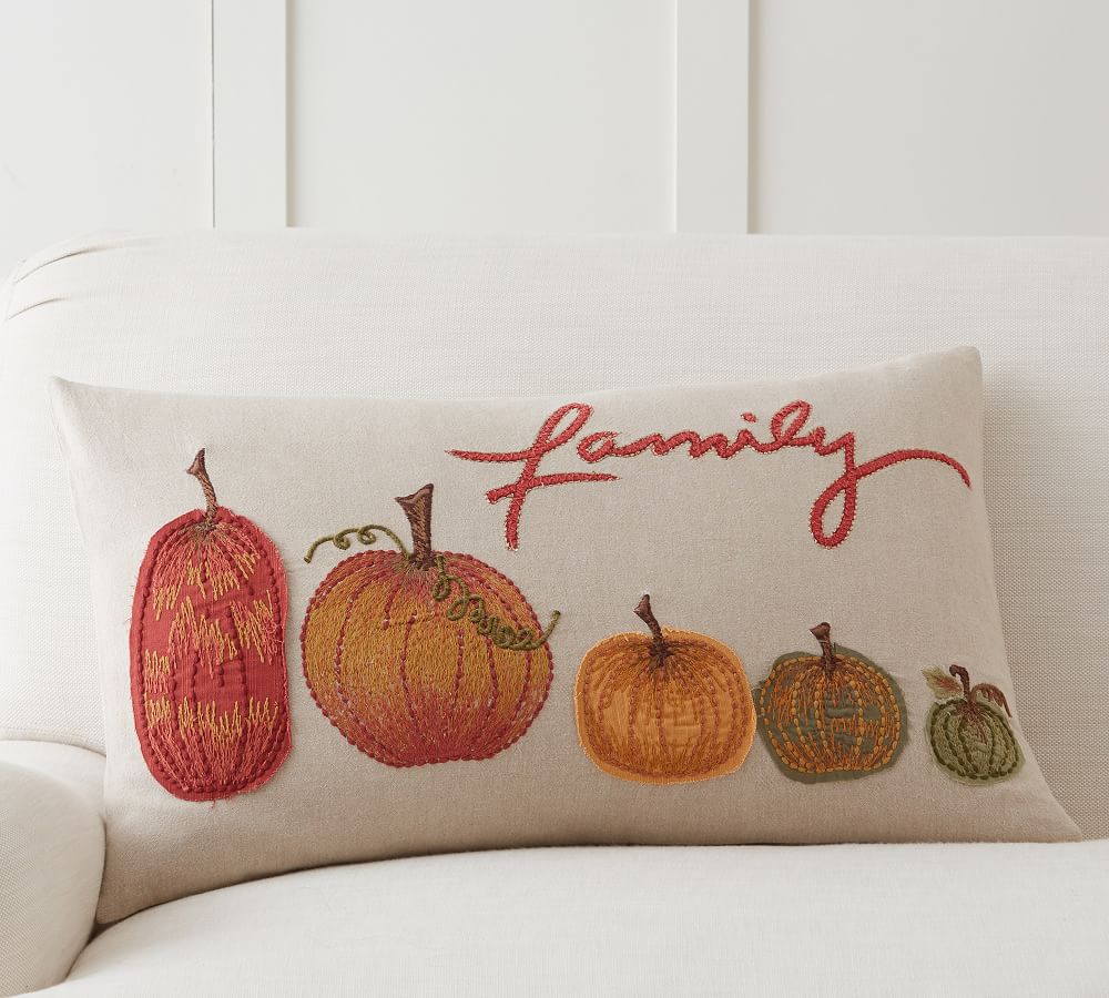 Pottery Barn Embroidered Pumpkins Lumbar Pillow Cover NWT Fall 16 26 