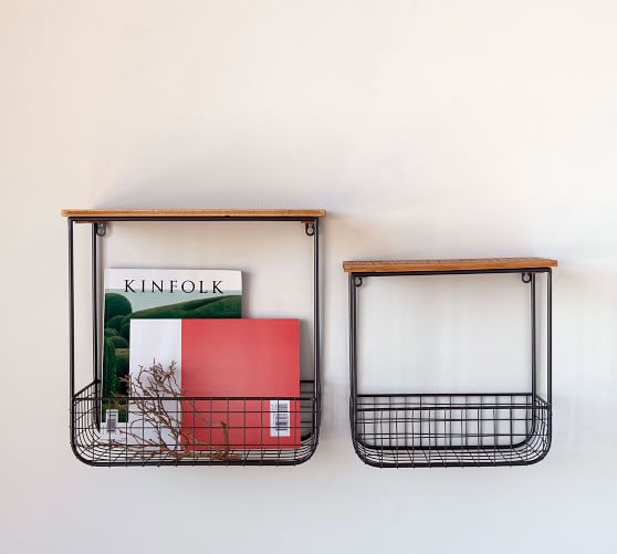 Wood Metal End Shelves With Basket, Metal Storage Shelves With Baskets