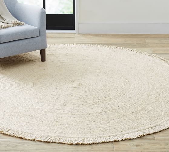 Fringed Braided Round Jute Rug Pottery Barn Fringed Braided Round Jute Rug, Round Cream Rug With Tassels