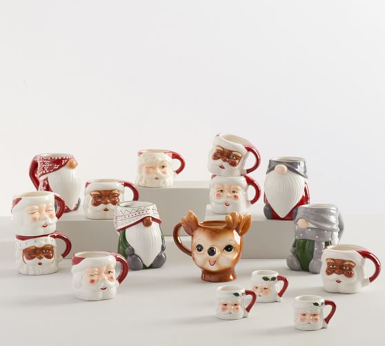 Pottery barn Santa face figural  mugs COFFEE CHRISTMAS  Hand painted SET OF 4 