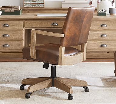 Manchester Leather Swivel Desk Chair, Distressed Black Leather Office Chair