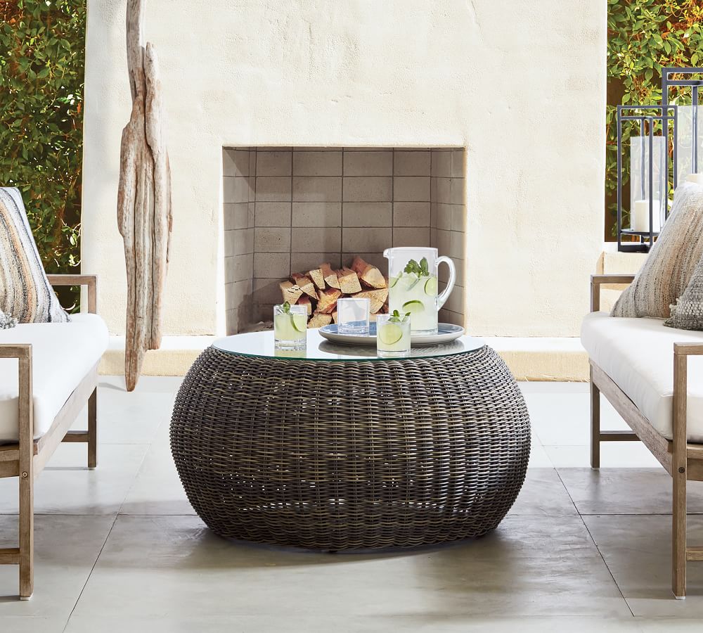 Torrey AllWeather Wicker Outdoor Coffee Table Pouf, Espresso Pottery