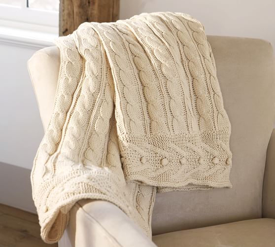 New Pottery Barn Cozy Cable Knit Throw 50" x 60" Neutral 