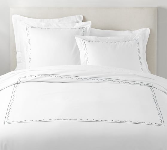 Scallop Border Embroidered Organic, White Duvet Cover King With Black Trim