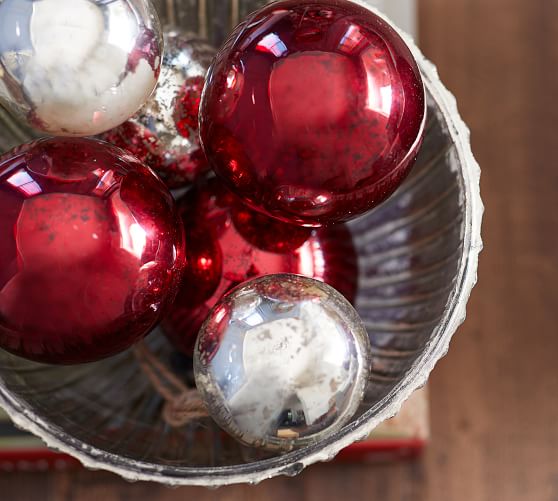 SILVER CRACKLE MERCURY GLASS BEVELED KUGEL STYLE 2” CHRISTMAS ORNAMENTS SET 6 