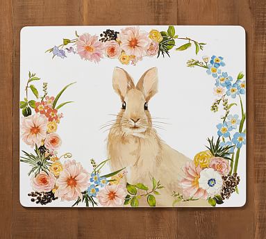 Ambesonne Watercolor Flower Place Mats Set of 4 Bunny Rabbit Portrait in Floral Wreath Illustration Country Style Blue Grey White Washable Fabric Placemats for Dining Room Kitchen Table Decor