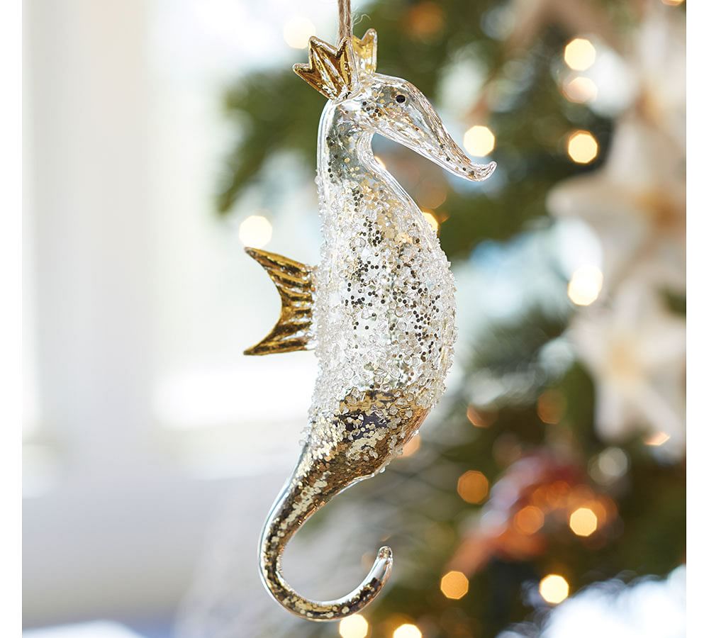 CFF Seahorse Nautical Natural Tan 4 inch Glass Christmas Ornaments Set of 3