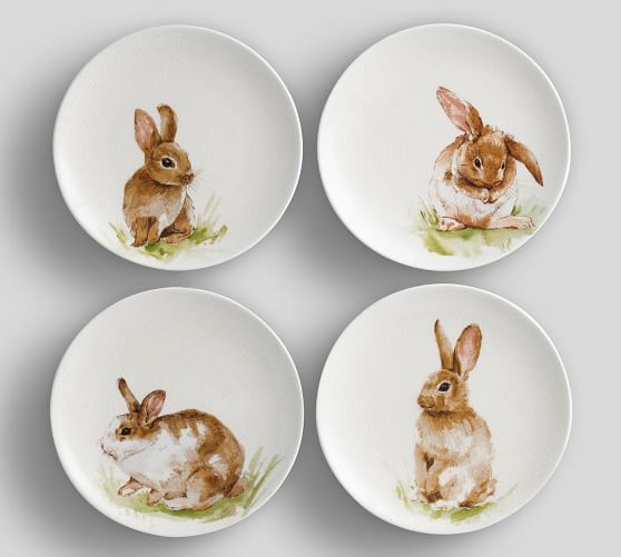 Pottery Barn S/4 Graphic Bunny 8" Plates NIB Yellow Easter Spring Rabbit 