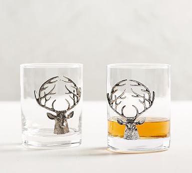Pottery Barn La Rochere Stag Double Old Fashioned Glasses Deer Christmas Set 6