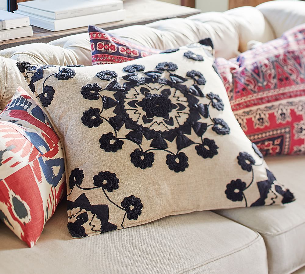 Pom Pom Medallion Embroidered Decorative Pillow Cover 24" Pottery Barn