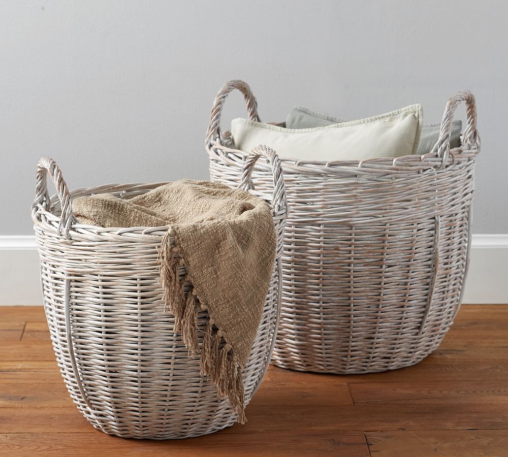 White Wash Finish Storage Wicker Basket 