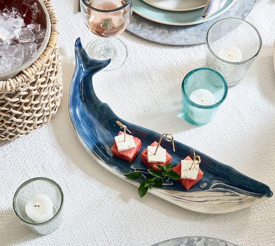 New 18 x 4.25" Pottery Barn Whale Melamine Serving Platter Blue 
